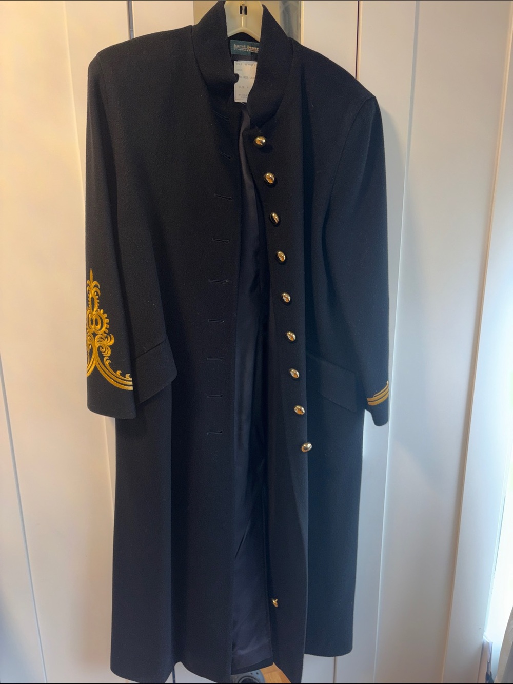 Harve Benard Black Trench Coat with Gold Embroidered Sleeves